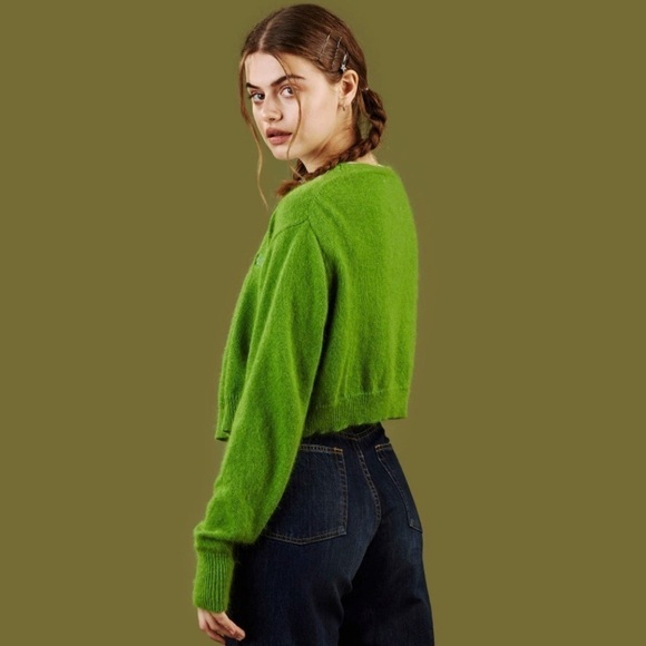 UNIF Liv Cropped Cardigan V Neck Button Front Alpaca Blend Sweater Green XS - Picture 6 of 16